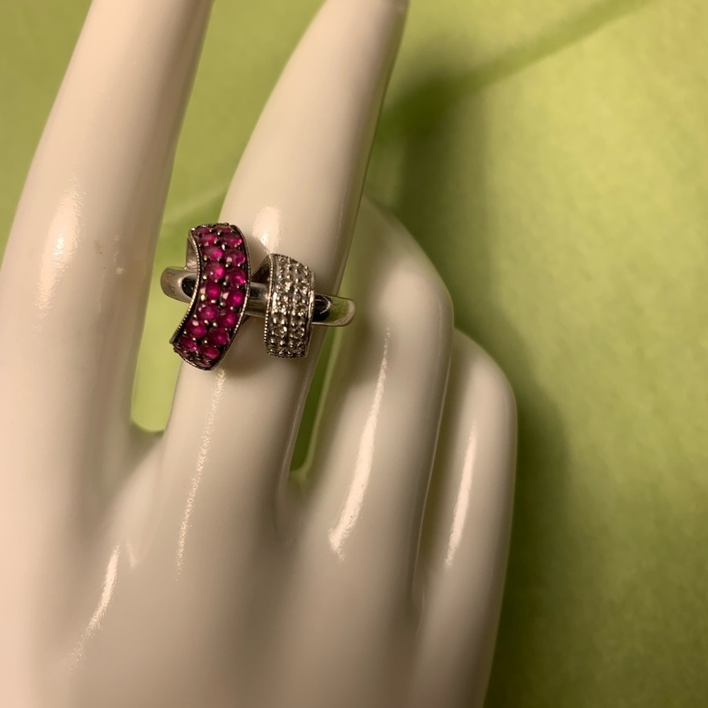 14K Stamped 585 White Gold Ring with Rubies and Diamonds